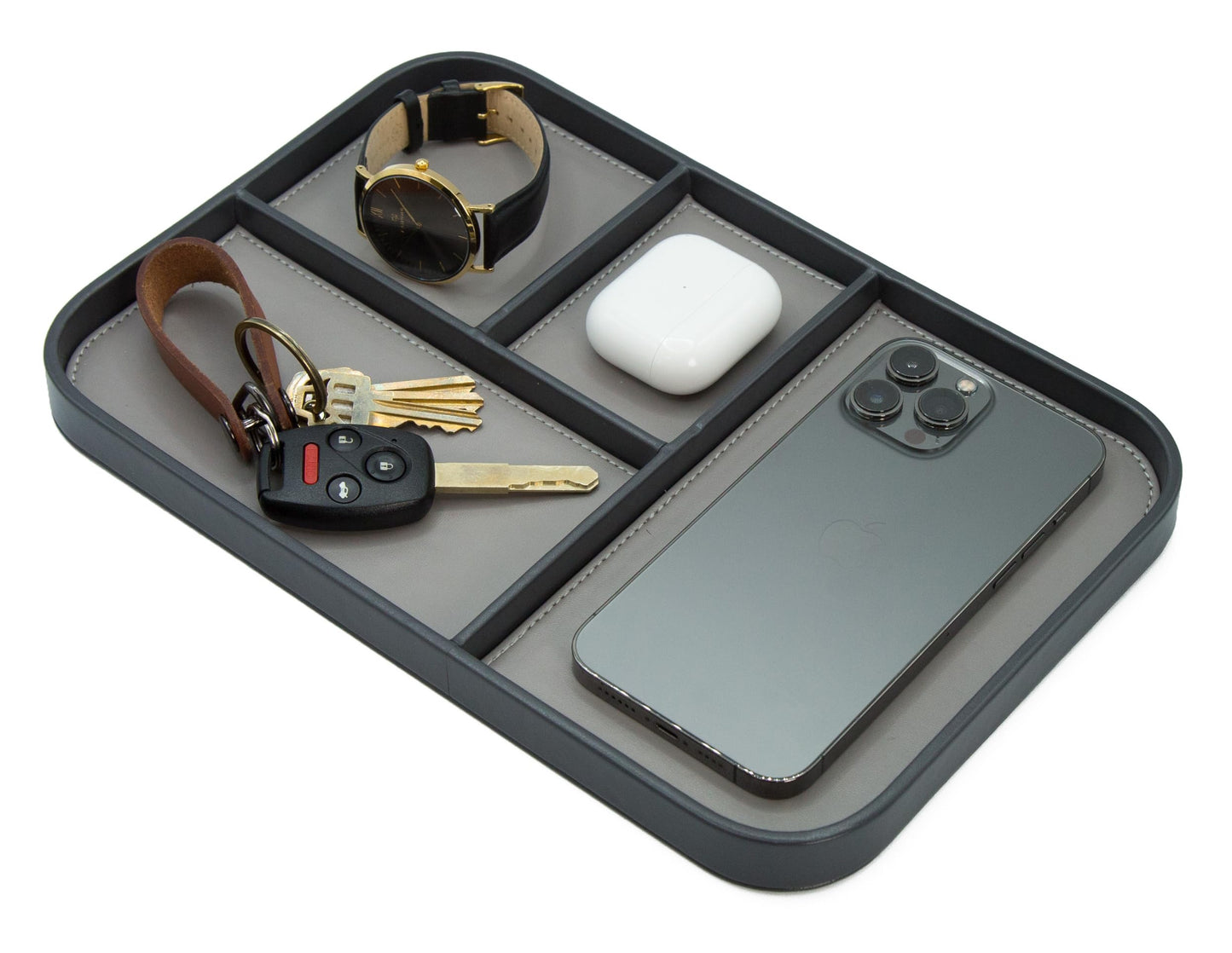 MUUJEE Leather Catchall Multitray (Design 2) - 11.65 x 7.75 x 0.8, Mountain Design Embossed Minimalist Wallet Tray for Men, Thoughtful Husband Gift, Desk EDC Organizer for Watch Keys Glasses, Gray