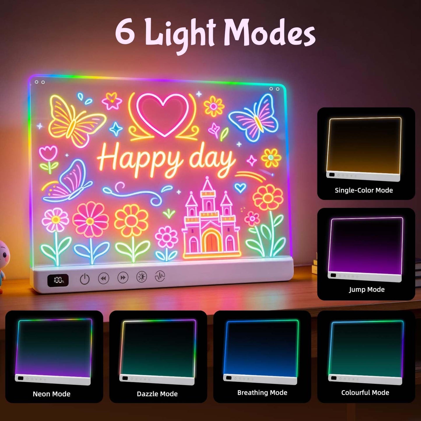 16" Rechargeable LED Drawing Board for Kids, Doodle LED Note Board with Colors, Neon Light Up Drawing Board with Markers&Tracing Paper, Creative Easter Birthday Christmas Gift Ideas