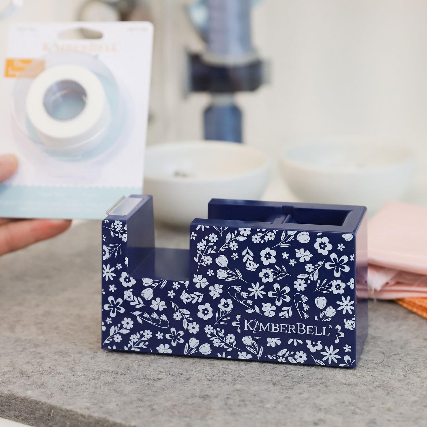 Kimberbell Navy Floral Tape Dispenser – Designed for Kimberbell Paper Tape – Stylish Floral Dispenser for Sewing and Machine Embroidery Projects – 5.375" x 3.25" x 2.25"
