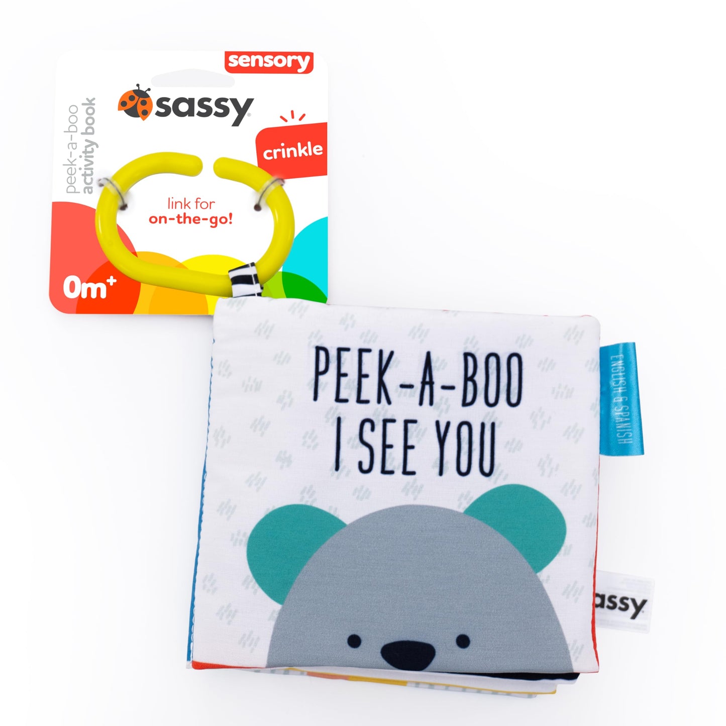 Sassy Peek-a-Boo Activity Book with Attachable Link for On-The-Go Travel,Sensory Play,Black & White,Ages 0+ Months,(Pack of 12)