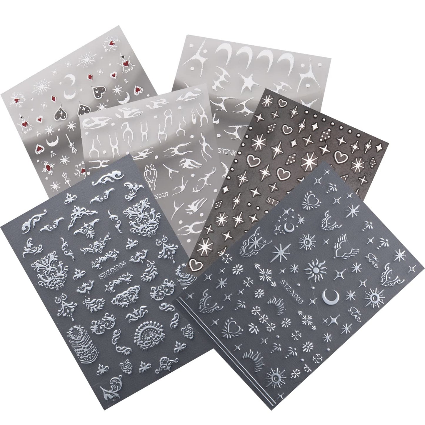 6 Sheets Sun Star Nail Art Stickers 3D Self-Adhesive Fish Bone Nail Decals Moon Nail Stickers Snowflake Love Heart Design Nail Art Supplies for Women Girls Acrylic Nails DIY Nails Art Supplies
