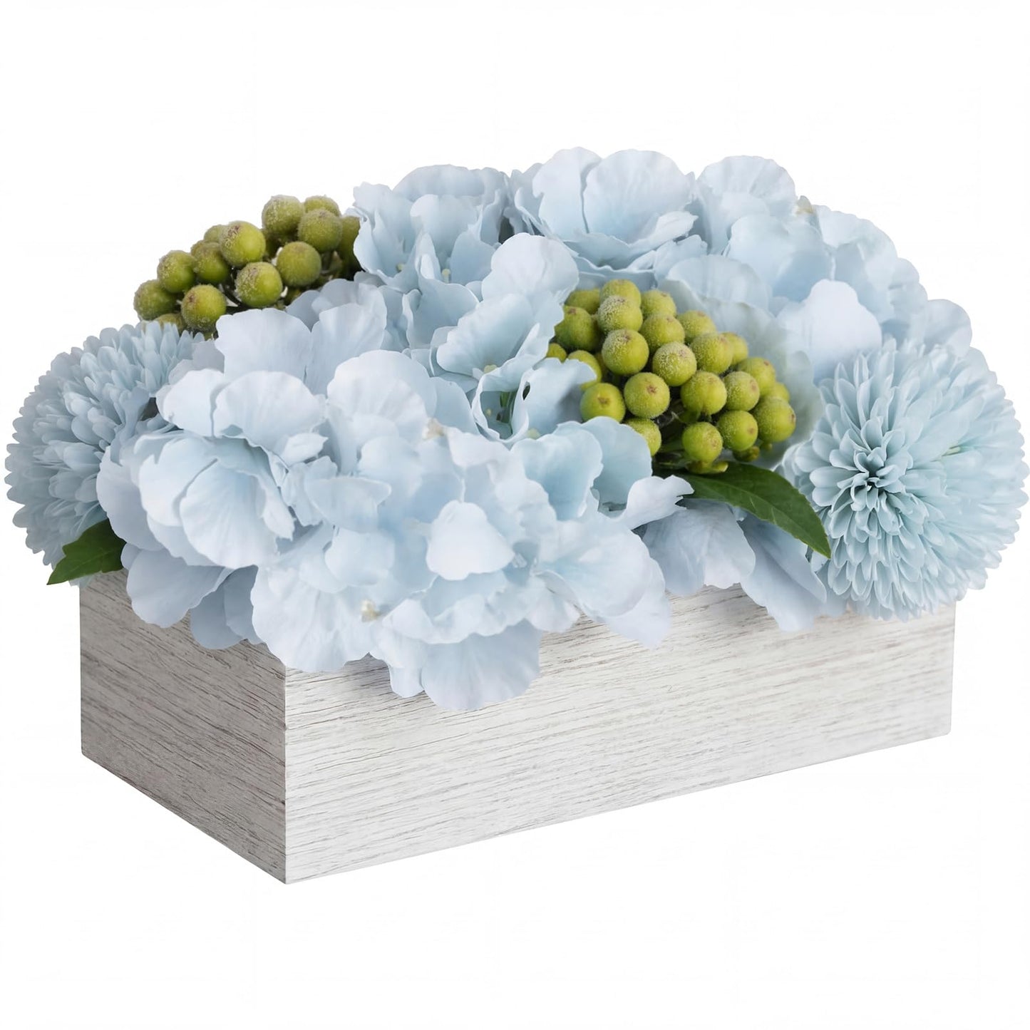 AceOrbit Blue Hydrangea Artificial Flowers with Wooden Box Table Centerpiece Decorations Fake Flowers Arrangement with Green Berries for Dining Room Home Table Bathroom Shelf Spring Easter Decoration