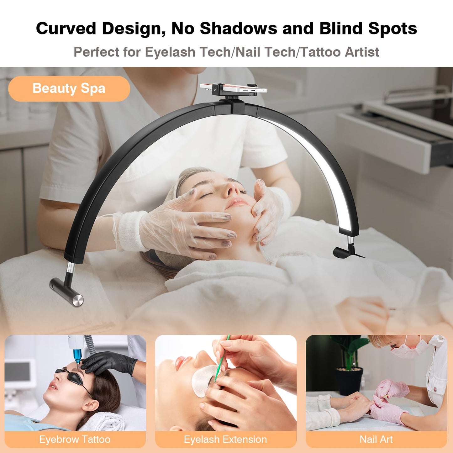 Mznoo Nail Light for Desk, 30'' LED Half Moon Lamp for Nail Techs, Manicure and Handicraft, Adjustable Color Modes and Brightness, with Phone Holder (Black)
