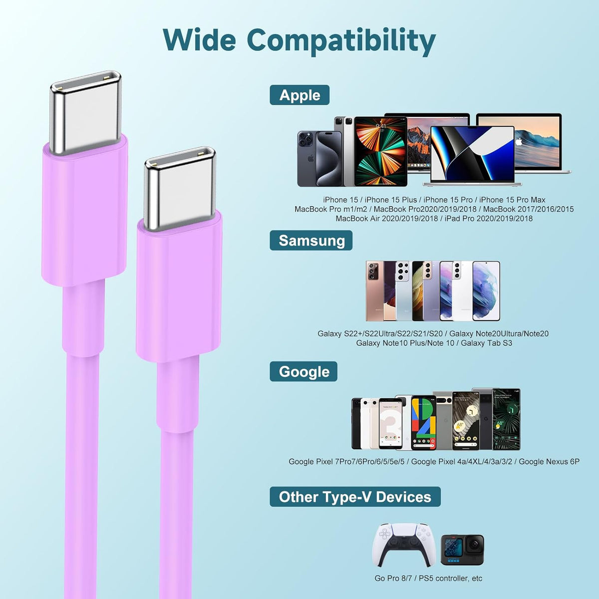 60W USB C to C Cable [3Pack] iPhone 15 Fast Charging Cable,6ft Long USB-C to USBC Power Cord for iPhone 16/15 Pro Plus Pro Max, MacBook Pro Air/IPad/iPad Pro 12.9/11,AirPods 4(Purple)