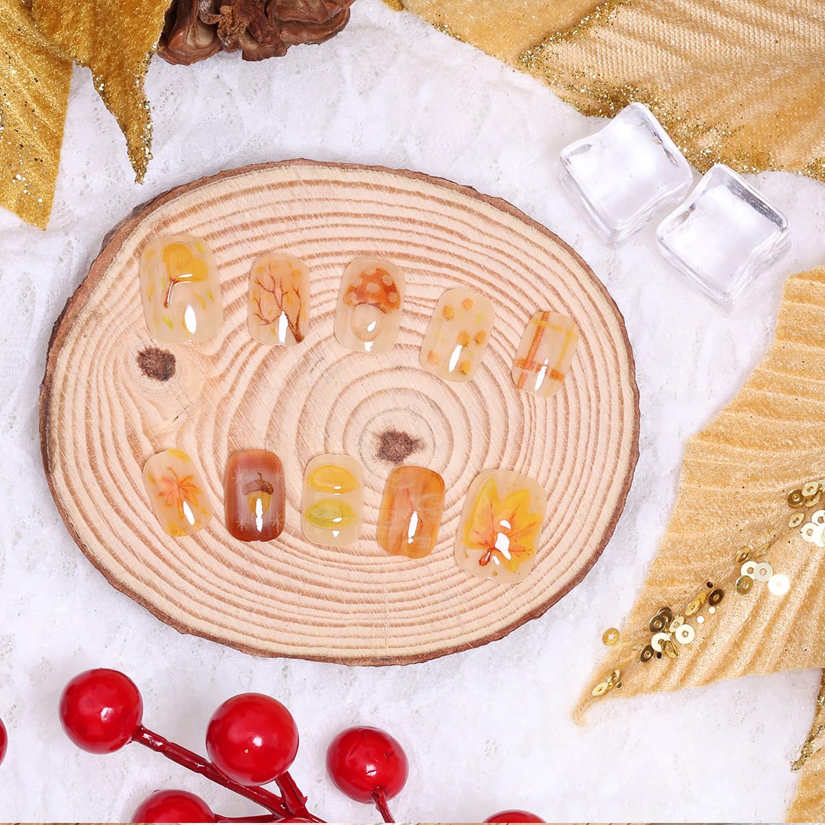 30Pcs Fall Press on Nails Short Square Fake Nails with 3D Maple Leaf Mushroom Design Pinecone Fallen Leaves False Nails Thanksgiving Glossy Glue on Nails Full Cover Artificial Stick on Nail for Women