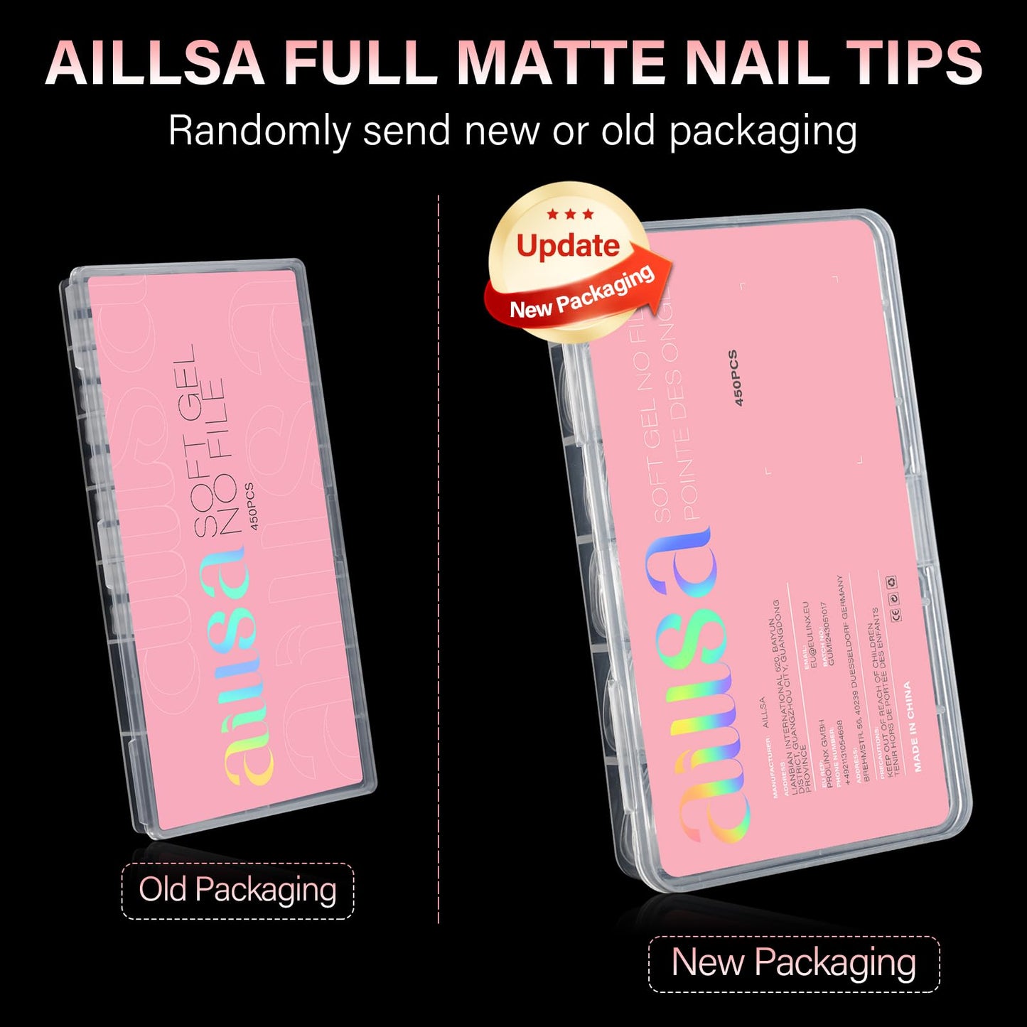 AILLSA Medium Coffin Nail Tips 450PCS Full cover Double-sided Matte Gel Stronger Adhesion Pre-Shaped Press on Nail Tips for Home DIY Nail Arts Salon 15 Sizes