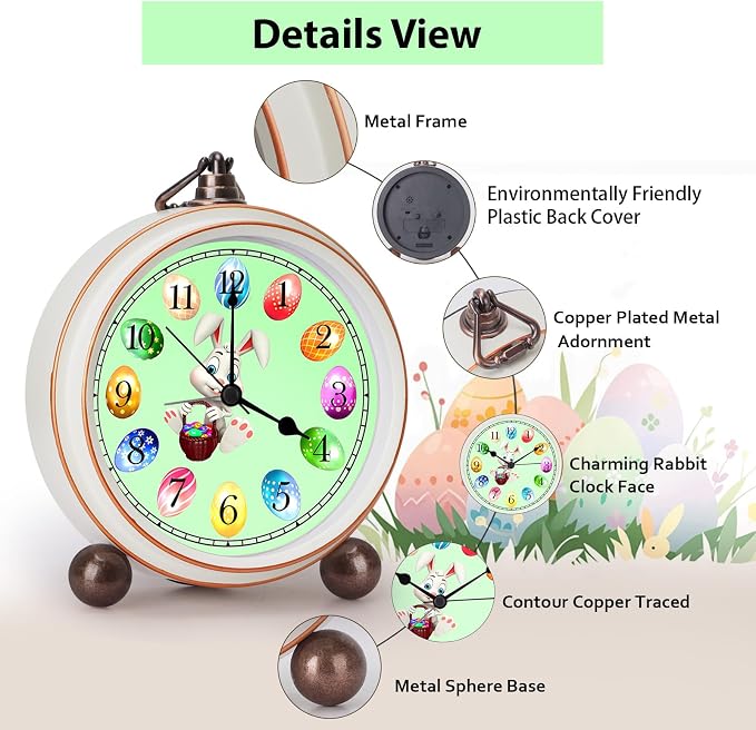 Maxspace 5.2in Cute Easter Egg Metal Table Clock, Quartz Movement Non-Ticking Small Alarm Clock with Battery Operated, HD Glass Bunny Desk Clock for Bedroom Living Room (Easter)