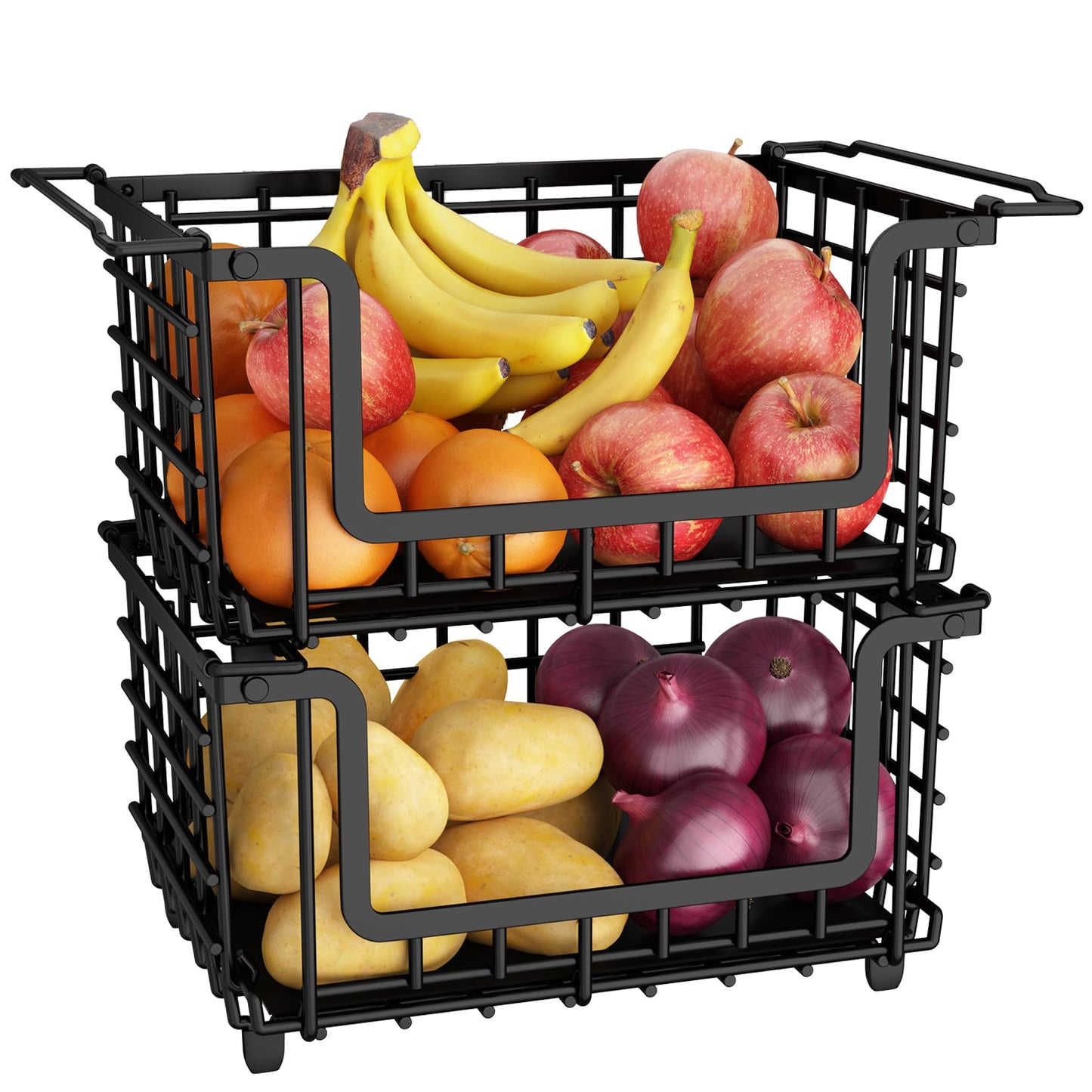 2 Pack Stackable Metal Wire Vegetable Fruit Basket for Kitchen Counter Cabinet, Pantry Organizers and Storage Basket, Food Can Snack Onion Potato Bread Storage Shelf Freezer Organizer Bins Containers