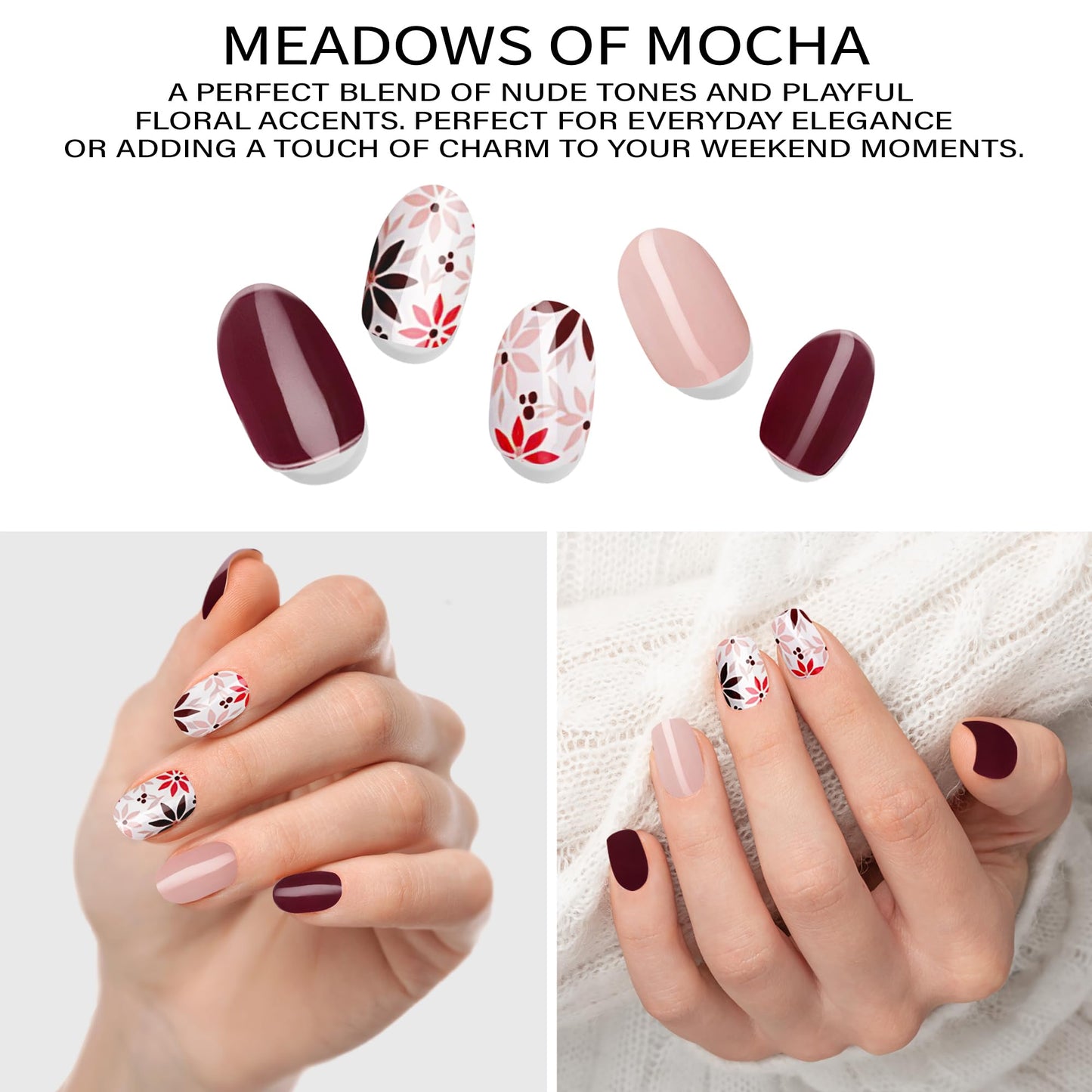 Adora Couture Semi-Cured Gel Nail Strips - 20 Salon-Quality Gel Sticker with UV Light Required, Long Lasting, Easy Application & Removal, Includes Prep Pad, Nail File, Wooden Stick – Meadows of Mocha