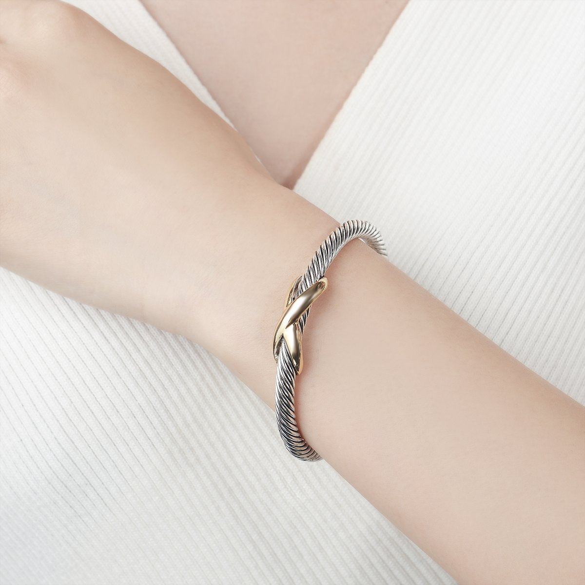 UNY Jewelry Bracelet Two Tone Criss Cross X Shape Infinity Twisted Cable Bangle Designer Inspired Women Jewelry (Single 2 Tone)
