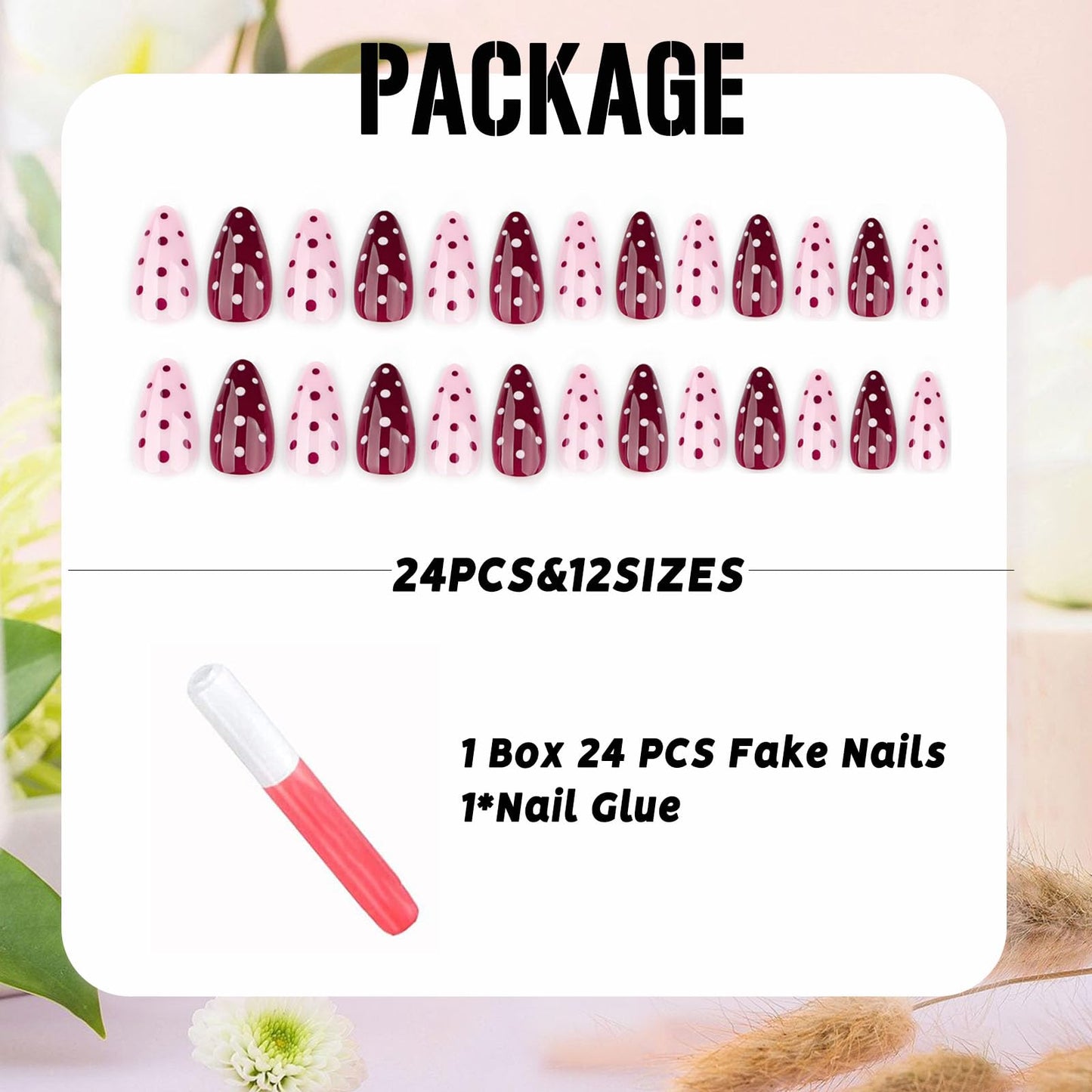 IMSOHOT Press on Nails Medium Almond Fake Nails with Polka Dot Pattern Designs Cute Pink Red Glossy Glue on Nails Acrylic False Nails for Women Nail Decoration