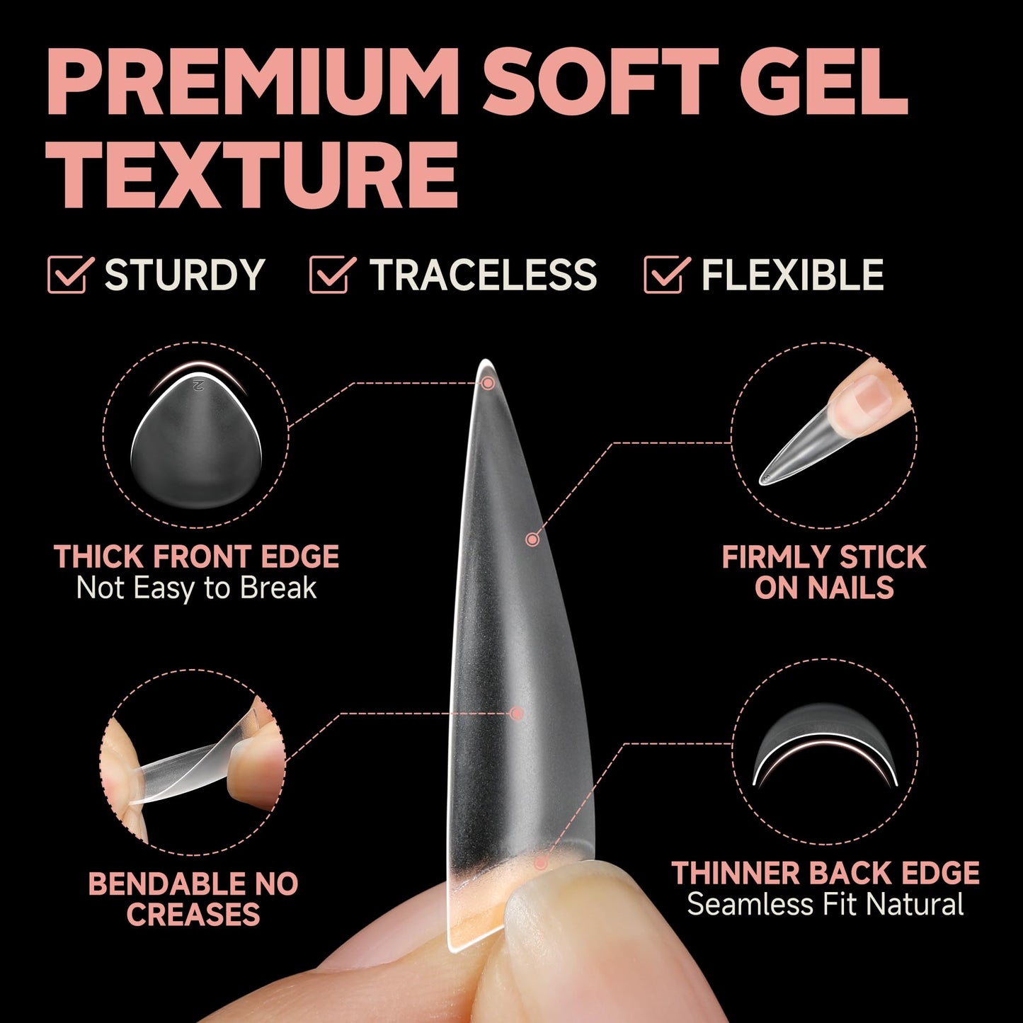 UNA GELLA Clear Stiletto Nails Tips Half Cover Stiletto Gel Nail Tips 216pcs Almond Shape False Acrylic Nail Tips for Faster Gel Nail Extension DIY Art Salon Press On Nails 12 Sizes