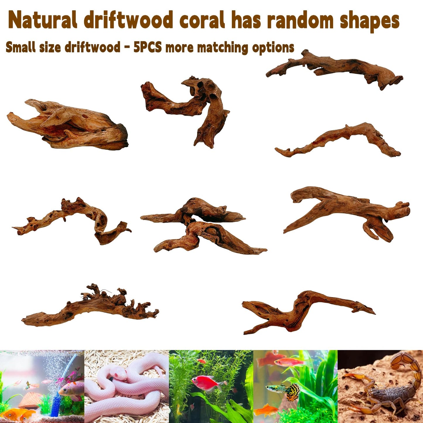 Hamiledyi 5PCS Aquarium Driftwood,3.5-7in Natural Coral Wood,Fish Tank Driftwood Assorted Branches Reptile Tank Decor Aquarium Decoration