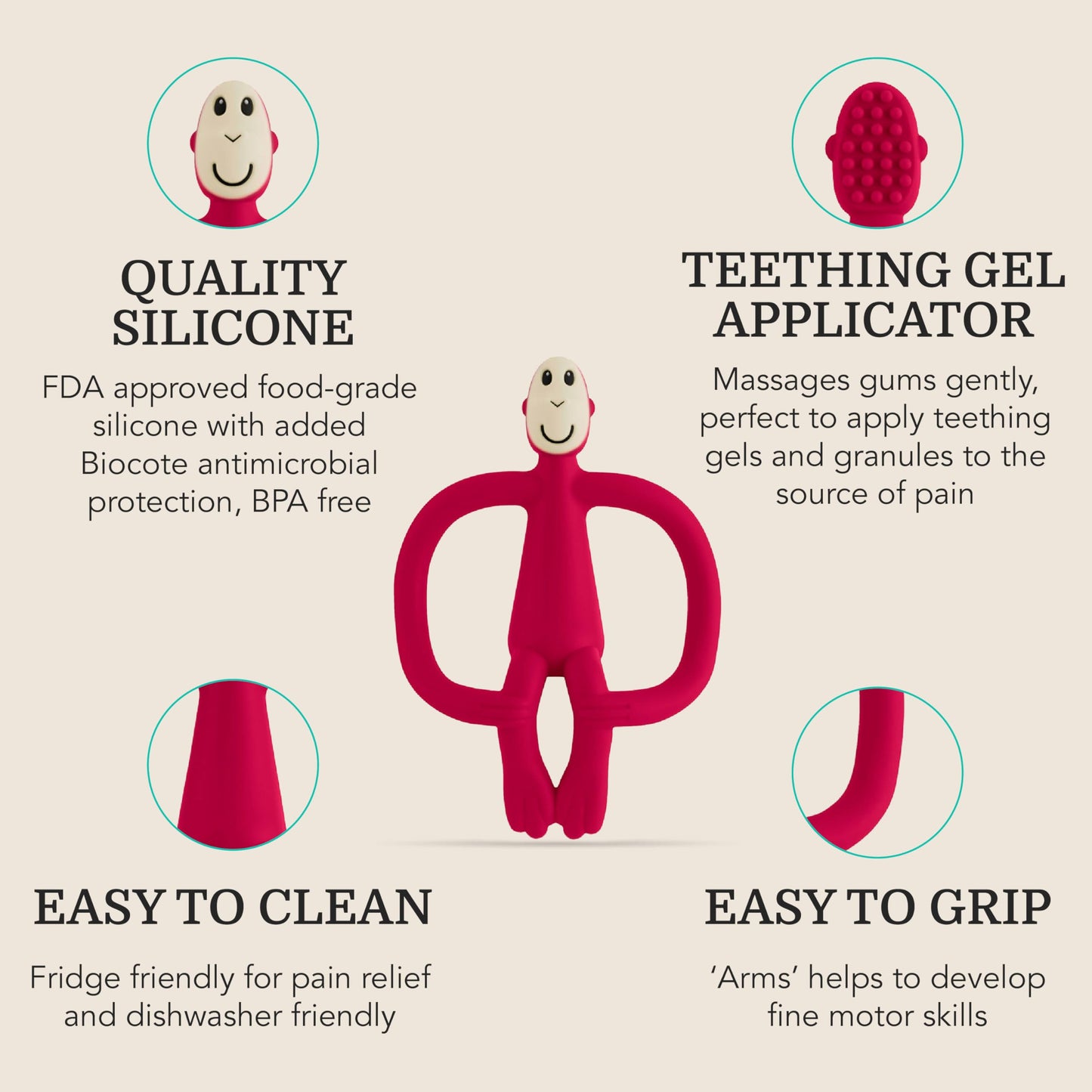 Matchstick Monkey Original Teether & Gel Applicator – Silicone Baby Teether, Easy-to-Grip, BPA-Free, Supports Self-Soothing & Early Brushing, 3 Months+, 4 Inches, Rubine Red
