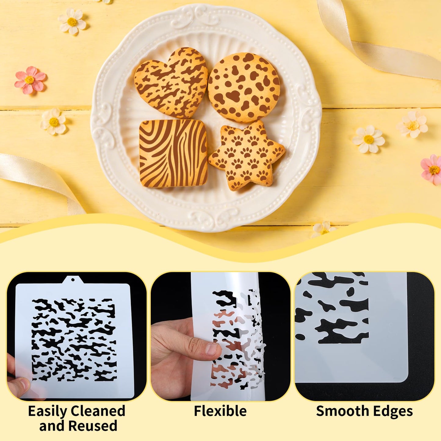 25 Pcs Cookie Stencils for Baking, Honeycomb Mermaid Scale Leopard Tiger Snake Texture & Dog Paw Print Patterns, Royal Icing Airbrush Cake Stencils for DIY Desserts & Party Crafts Reusable