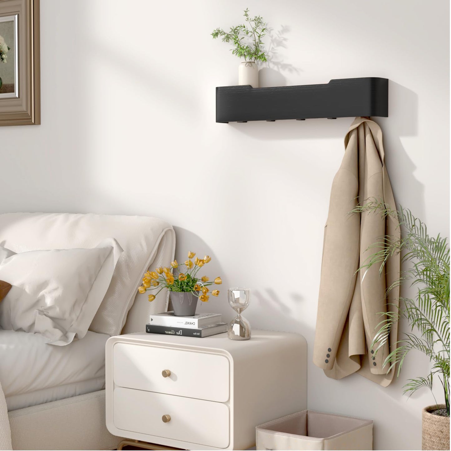 VERASCOT Wall Mounted Coat Rack with Shelf, Wooden Entryway Organizer with Hidden Metal Hooks for Hanging Coats Bags Keys, Modern Floating Shelf for Hallway Bathroom