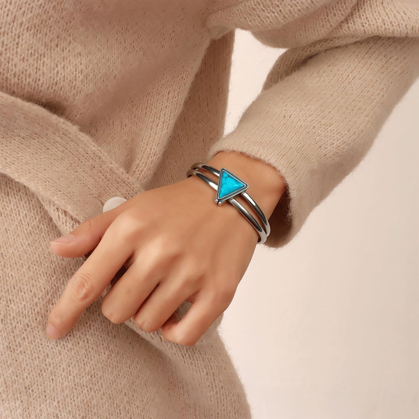 Handmade 925 Sterling Silver Turquoise Bracelets for Women & Men Boho Turquoise Triangle Bangle Bracelet Open Adjustable Wide Stacking Cuff Bangles Bracelets Jewelry for Women Birthday Everyday Wear