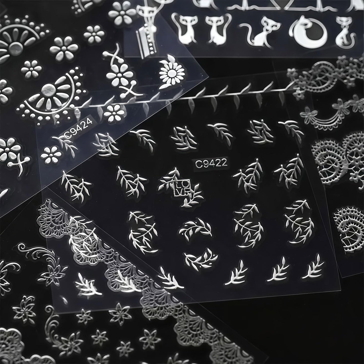 30 Sheets Silver Bohemian Nail Stickers, 3D Self Adhesive Retro Lace Leaf Cat Nail Decals Designs Decorations Accessories for Women Girls, Wedding Party Nails