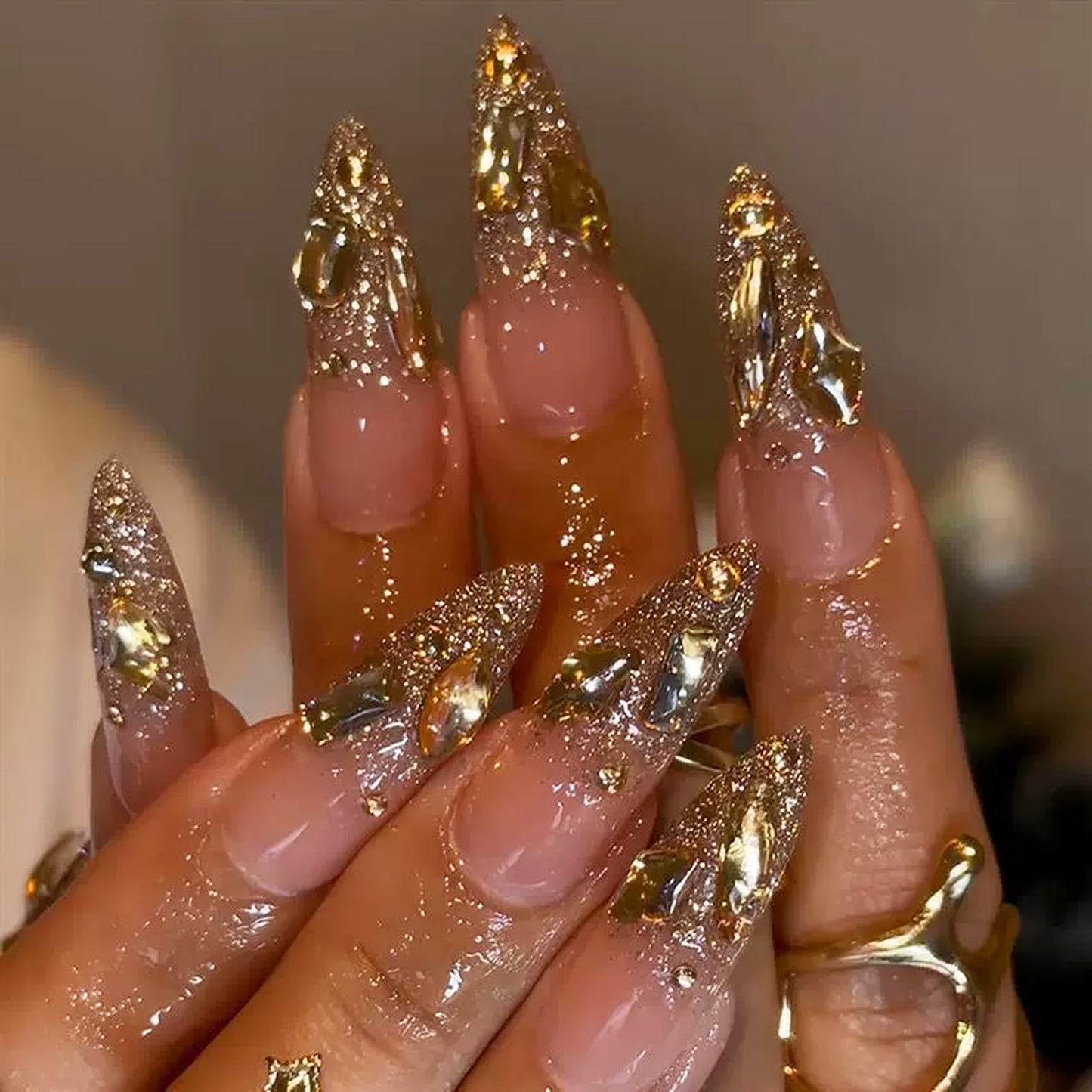 IMSOHOT Golden Press on Nails Long Stiletto Fake Nails Rhinestone & Glitter Full Cover Glue on Nails Glossy Acrylic Luxury Bling False Nails Handmade Artificial Stick on Fingernails