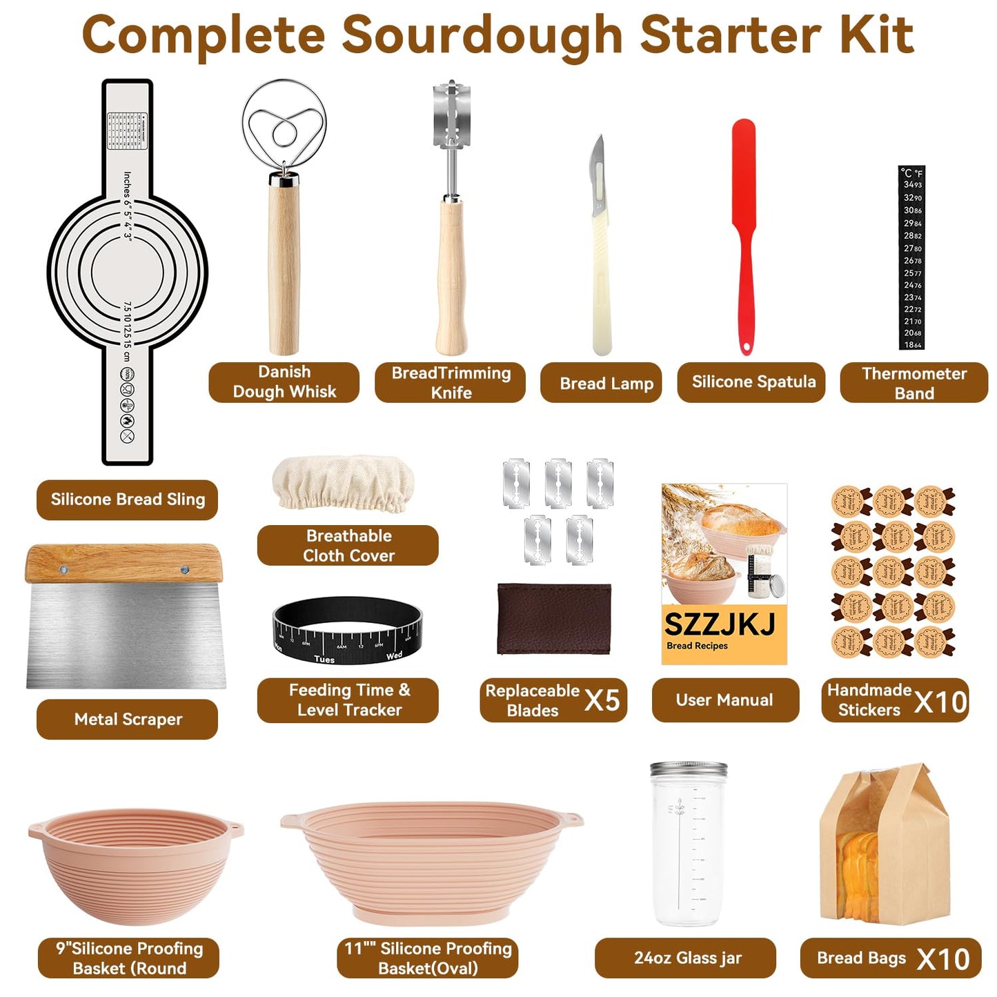 Sourdough Starter Kit, 24PCS Sourdough Bread Baking Supplies, 9"Round & 11"Oval Banneton Bread Proofing Basket, Bread Sling, Starter Jar, Whisk, Scrapers, Bread Lame, Bag, Sour Dough Making Tools Kit
