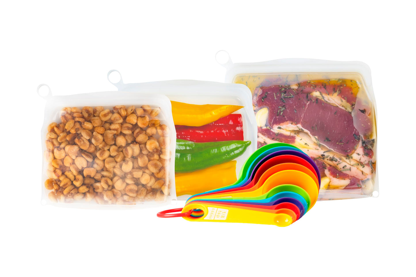 DETOIITO [3 Pack] Reusable Silicone Bags + Measuring Spoons Set - Large, Medium, Small Stand Up Food Storage - Leakproof, BPA Free, Dishwasher & Microwave Safe. Thoughtful Mother's Day Kitchen Gift