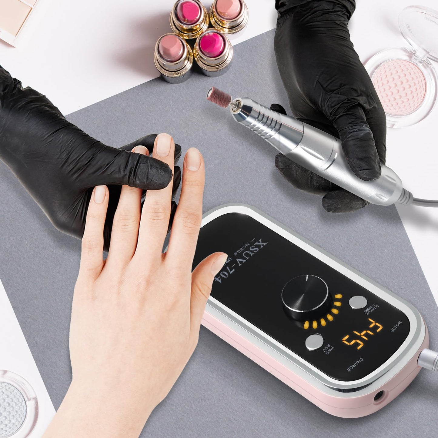 Moskany Professional Electric Nail Drill Kit 45000RPM with Bits and Base Pink Portable Rechargeable Cordless Nail E- File Machine for Acrylic Gel Powder Nails and Manicure Pedicure Toenail Tool Set