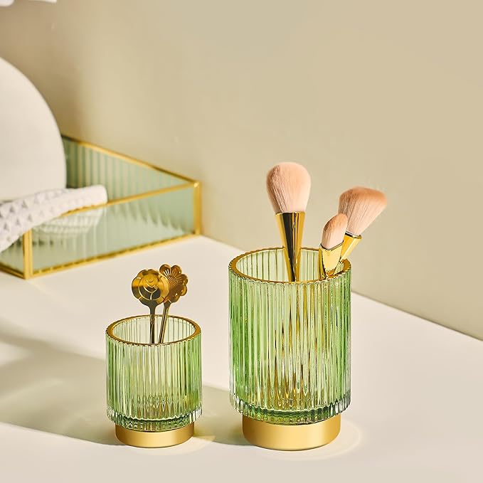 Makeup Brush Organizer, Toothbrush Holder, Desk Pen Pencil Holder, Multifunctional Vintage Glass Brush Cup (S/Green/A3-11-US)