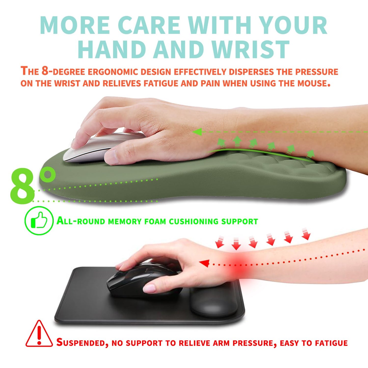 Kuosgm Ergonomic Mouse Pad Wrist Support with Memory Foam Massage Bulge, Carpal Tunnel Pain Relief Mousepad Wrist Rest for Mouse(12x8 inch,Olive Green)