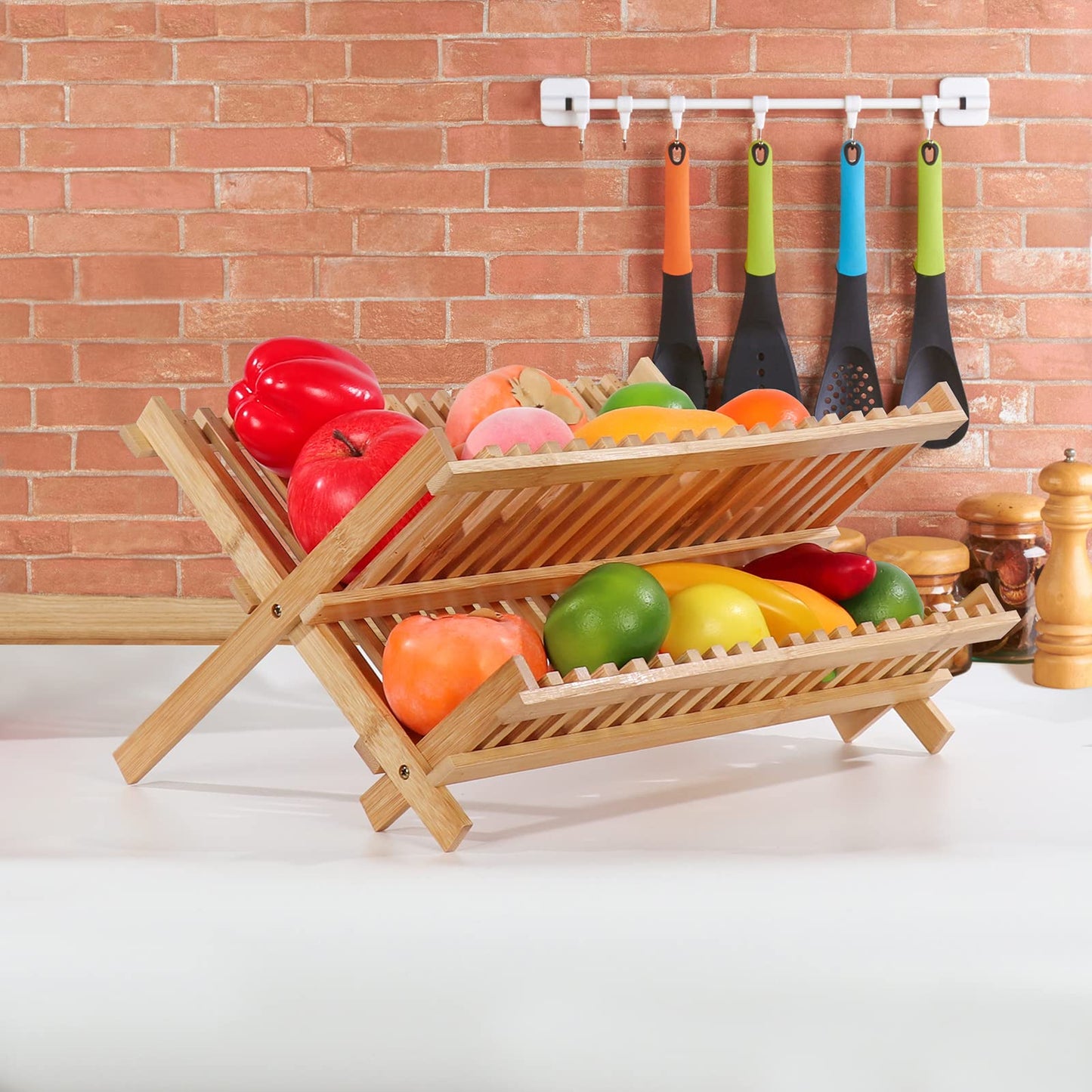 SZUAH Collapsible Bamboo Dish Drying Rack - 2 Tier Space Saving Kitchen Counter Organizer, Holds 19 Plates, Bowls & Utensils (17.8"x10.23"x9.25")