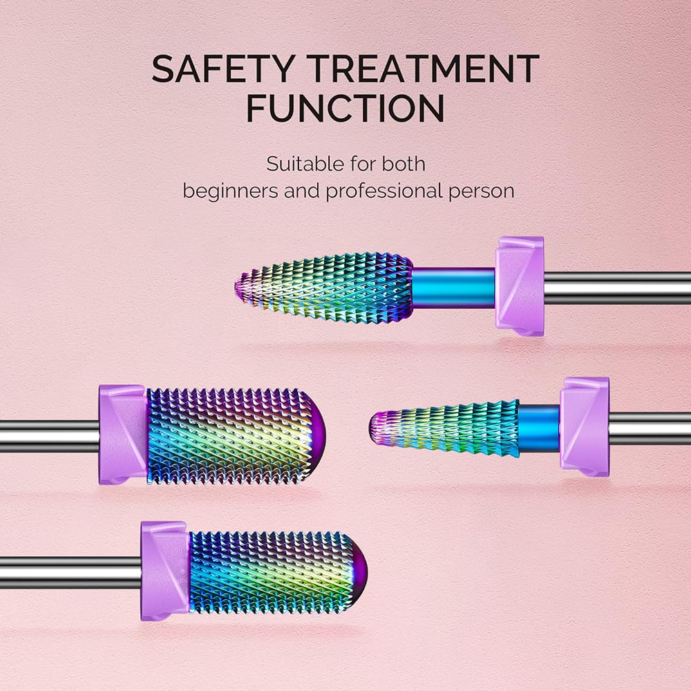 GLIX 10-in-1 Professional Nail Drill Bits Set, Rainbow Tungsten Carbide E File Bits for Acrylic Nails & Gel Polish Removal, 3/32" Shank Russian Manicure Kit with Safety Cuticle Ball & Flame Bit