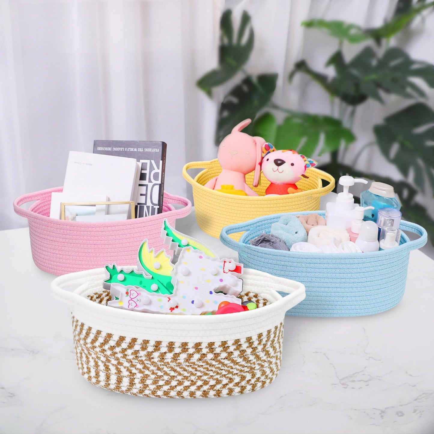 ABenkle Small Basket, 12"x 8" x 5" Cute Small Woven Basket, Rope Room Shelf Storage Basket, Cat Dog Toys Basket Chest Box, Decorative Empty Gift Basket with Handles