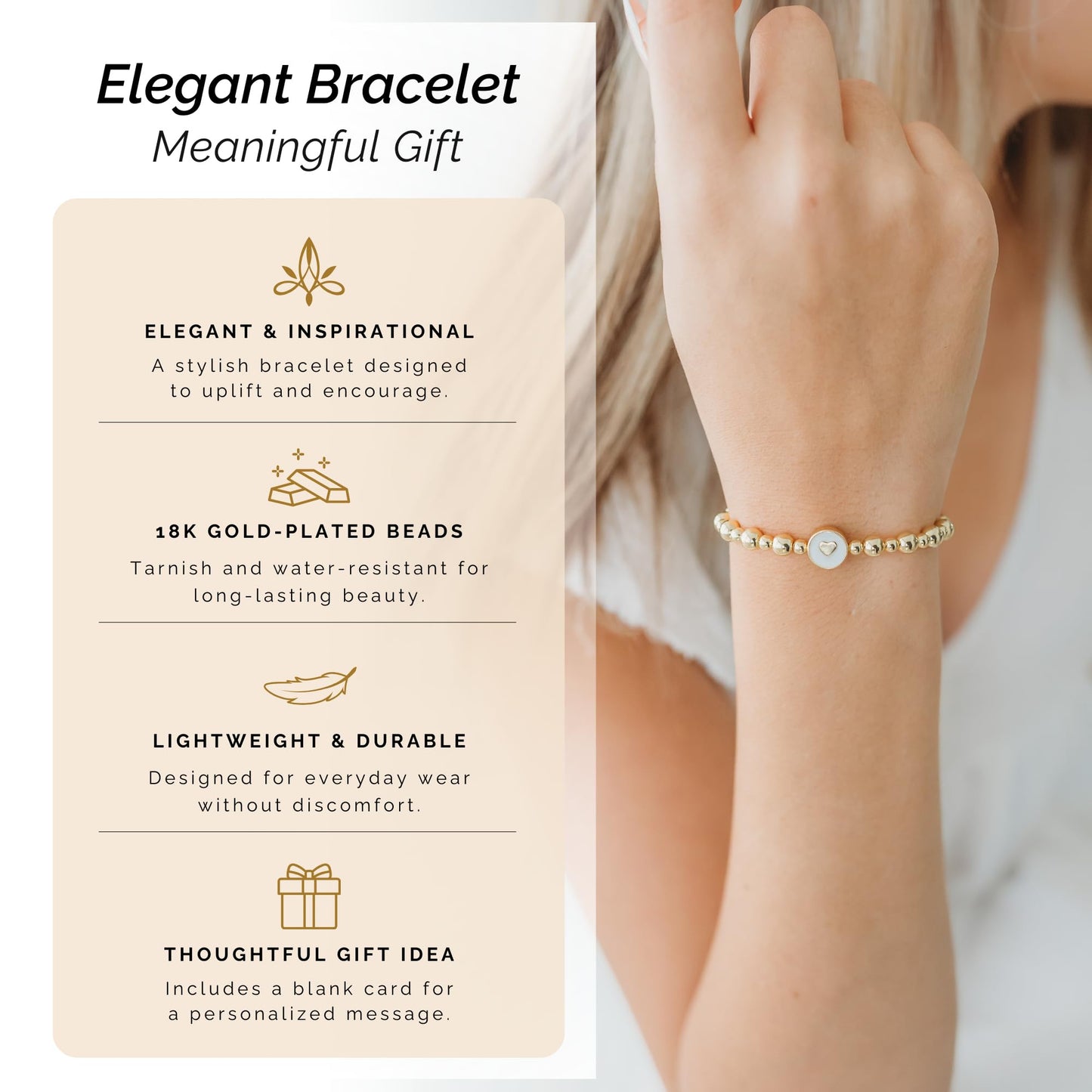 Inspirational Bracelets for Women – 18K Gold Plated – Motivational Gift Heart Pendant with Card