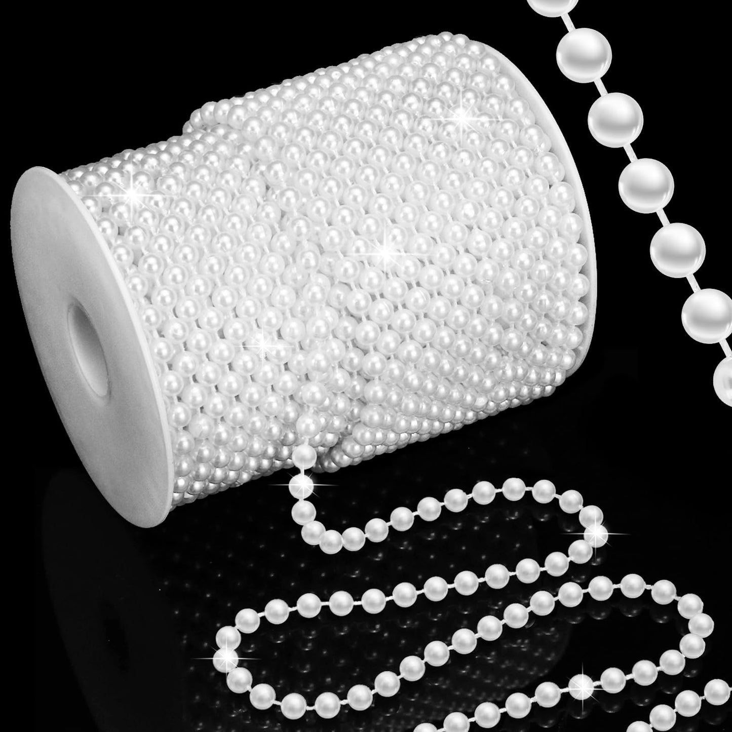 Towenm 99 Feet 6mm Pearl Strings Garland for Crafts, Artificial Pearl Beaded Trim Chain Roll Strands for Wedding Centerpieces Bouquet Party Decoration Christmas Tree Garland, White