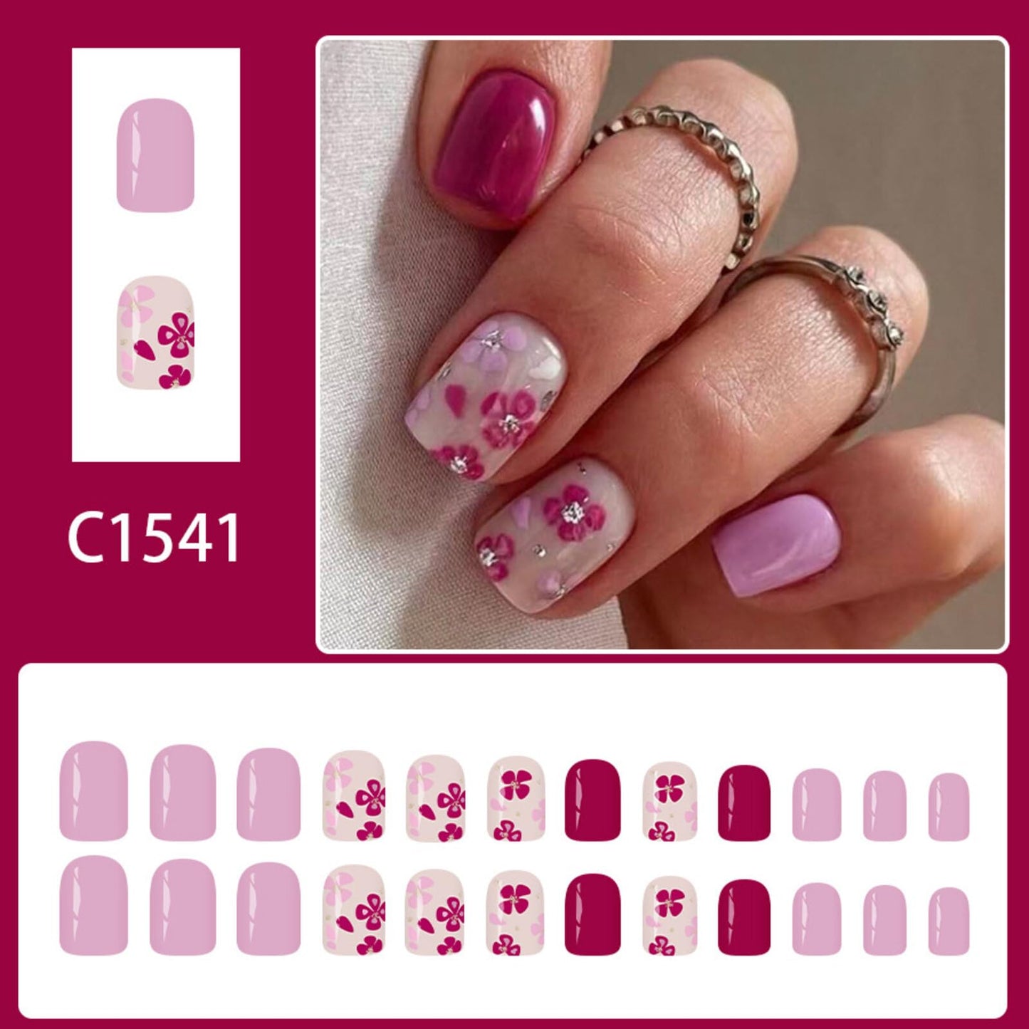 Short Square Press on Nails Deep Light Pink Red Flower Motifs Shiny Drill Surface Elegant Sweet Manicure Stick on Nails Artificial Nails Suitable for Charming Glossy Delicate Stylish 24 Pcs