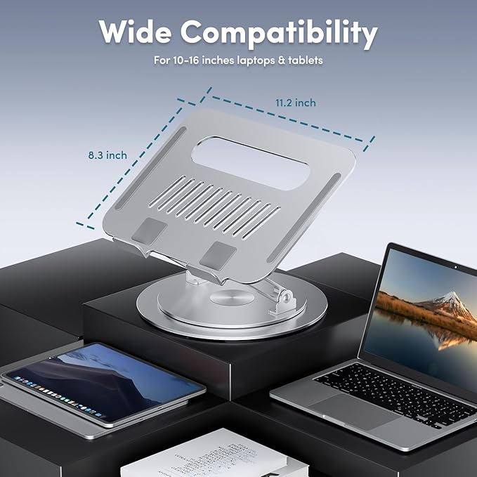 Lifelong Adjustable Laptop Stand with 360° Rotating Base, Ergonomic Computer Stand for Desk, Foldable & Portable Laptop Riser Holder Fits All MacBook, Laptops 10-16 Inches, Silver