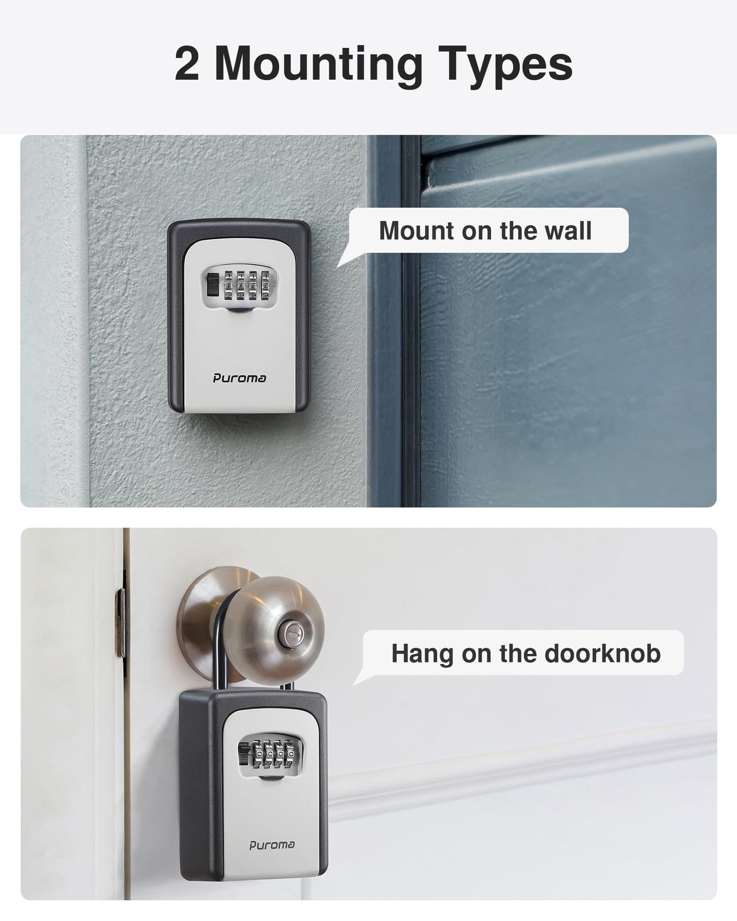 Puroma Lock Box, Large Key Lock Box Resettable Combination Code Lockbox, Portable Wall Mount Lockbox Security Safe Box for Outside Outdoor Home Office Door Handle House Key, Gray (1 Pack)