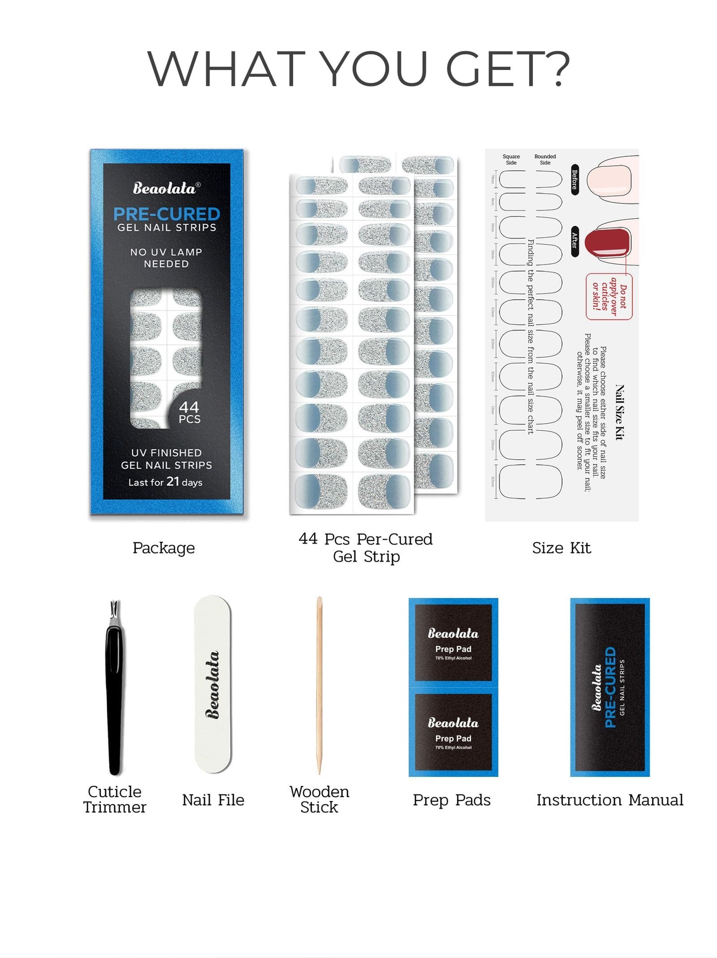 Beaolata Real Gel Nail Strips (No UV Light Needed) - 44Pcs Salon Quality Nail Stickers - Long Lasting Polish Wraps for Women, Easy Apply & Remove (Dreamy Blue）