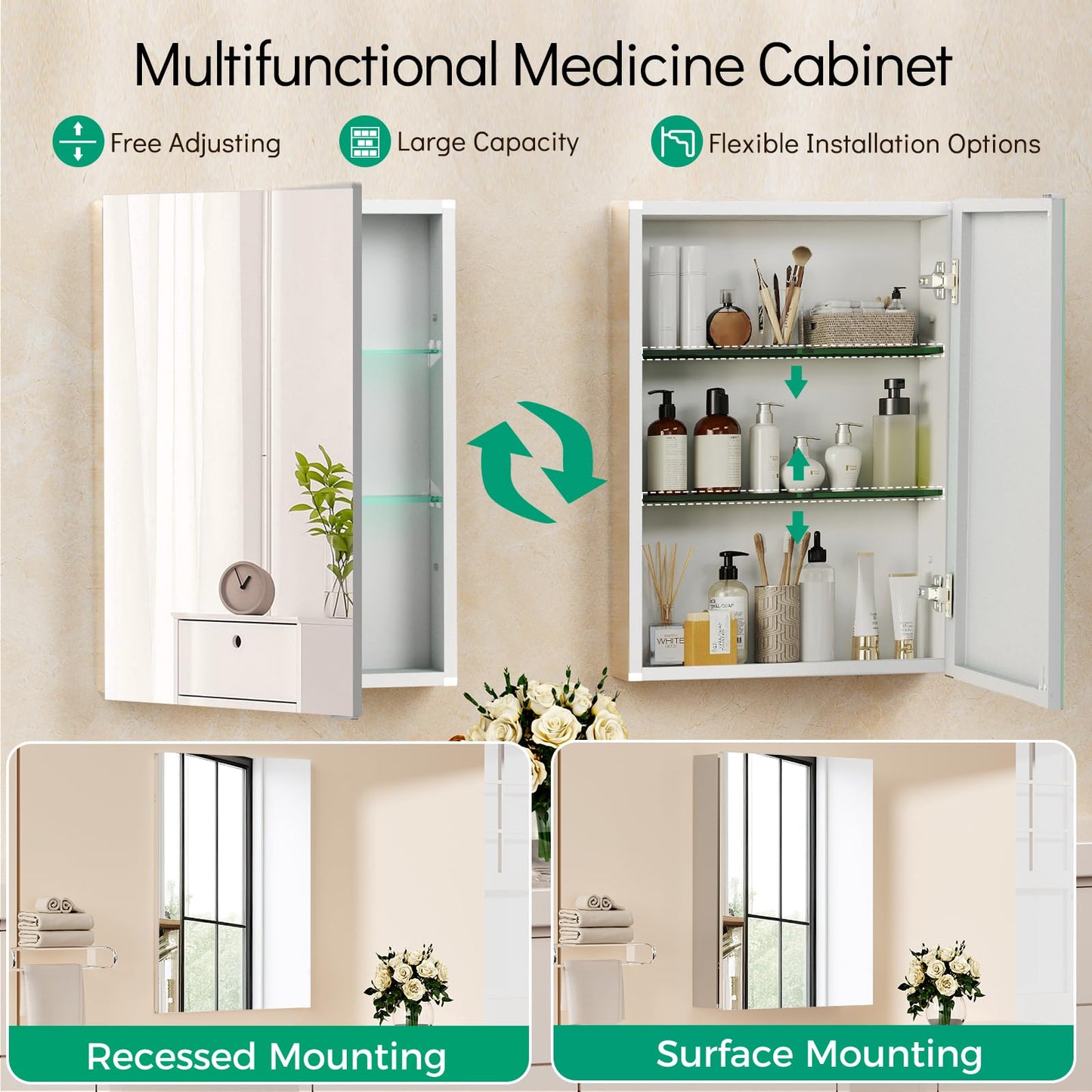 BROBIG 20 x 26 Medicine Cabinet Mirror, Moisture-Proof Aluminum Bathroom Medicine Cabinet with Mirror, Bathroom Mirror Cabinet with Adjustable Shelves, DTC Hinges, Recessed/Surface-Mounted