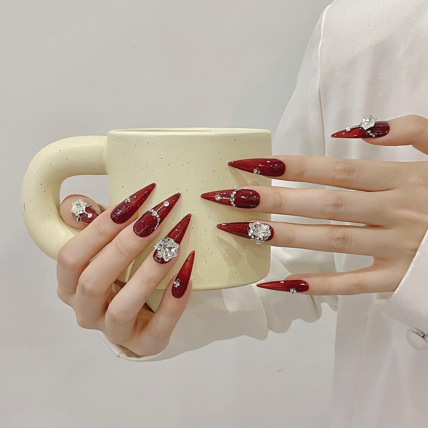 JIEADJIE Press On Nails (100% Handmade),Length Version,Handmade Painted Nail Art by Nail Technician,Luxury Party and Holiday Styles (Red Diamond, Medium)