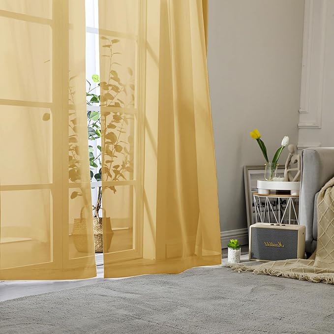Lecloud Gold Sheer Curtains 90 Inches Long 2 Panels, Breathable Solid Voile Light Filtering Curtain, Lightweight Home Decor Drapes with Rod Pocket for Bedroom Living Room, Each 42" W x 90" L