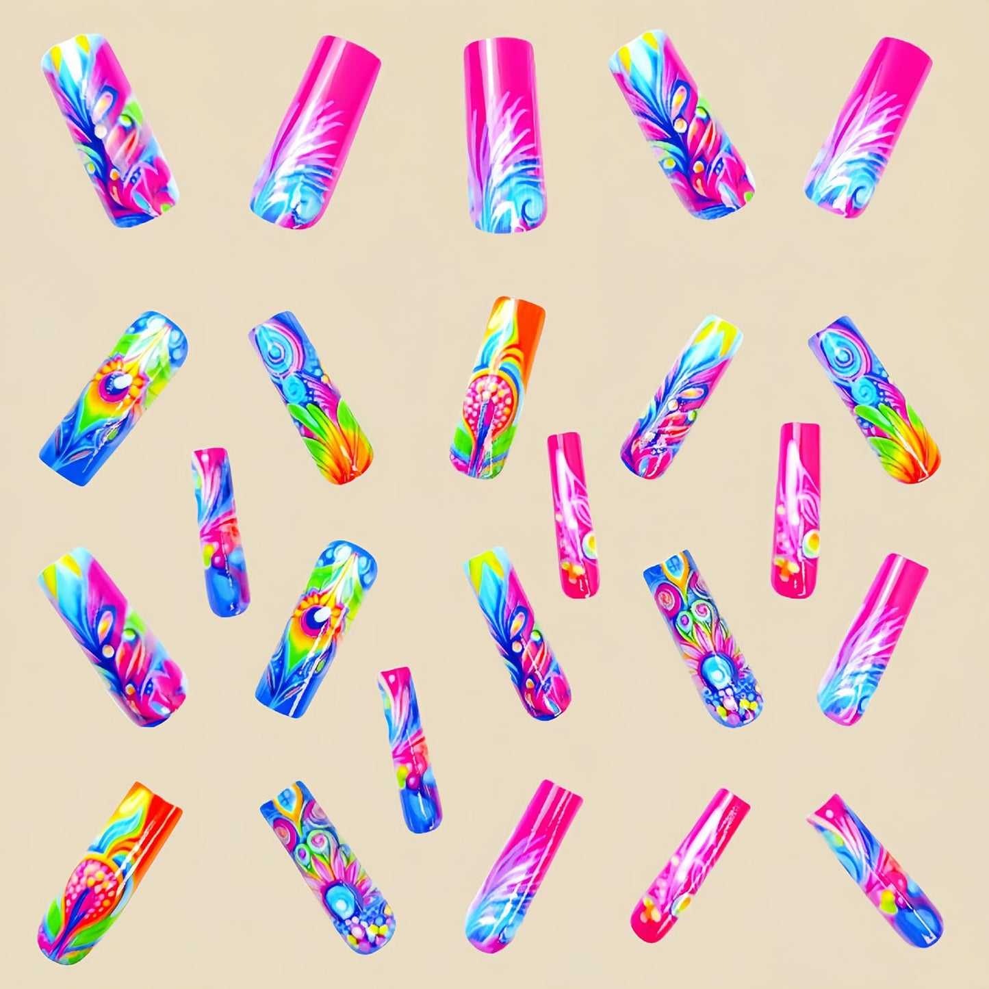 CJDLTS 24Pcs Press on Nails Long Length Colorful False Nails Peacock Feather Pattern Design Press Nails Full Cover Coffin Nails Artificial Acrylic Glue on Nails Ballet Shaped Stick on Nails for Women