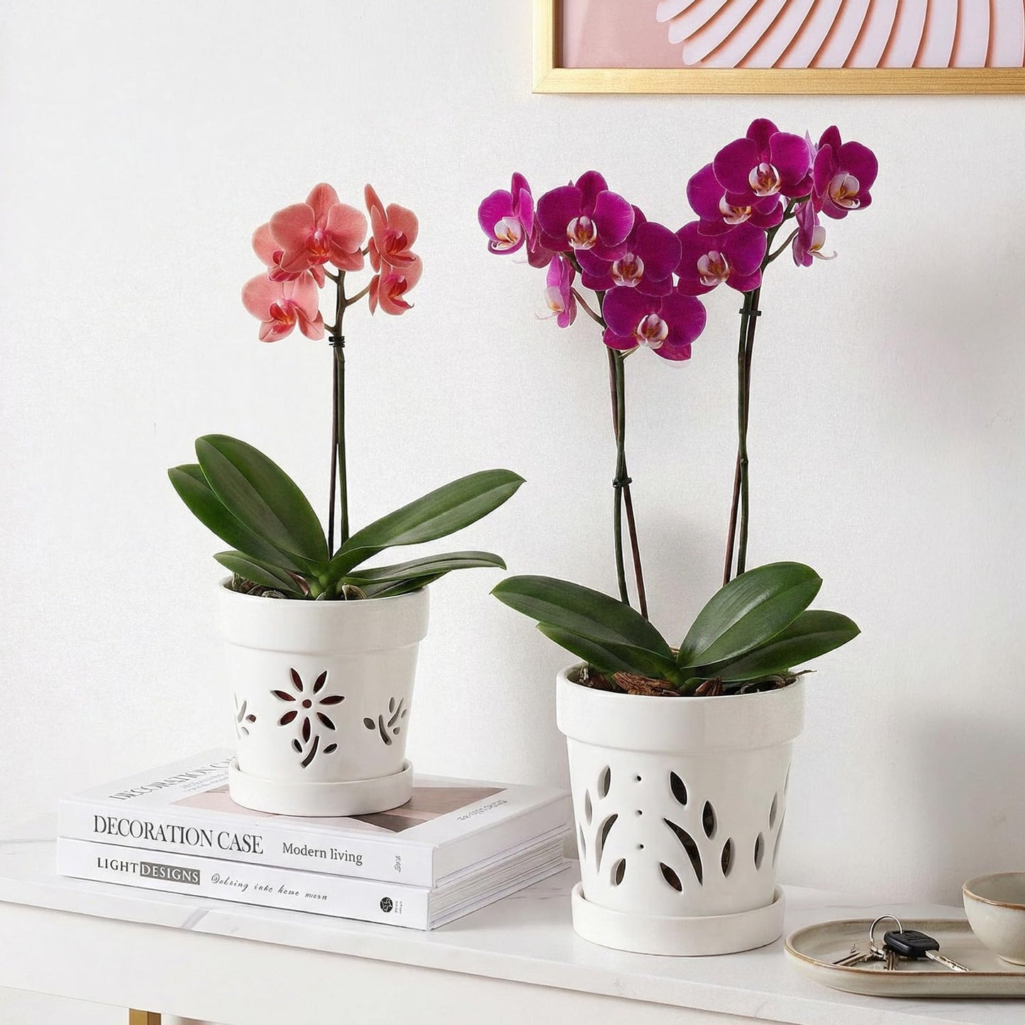STHIE Small Orchid Pots with Holes 5 Inch & 6 Inch, Ceramic Orchid Pots for Repotting, 2 Pack Breathable Slotted Orchids Planter, White Flower
