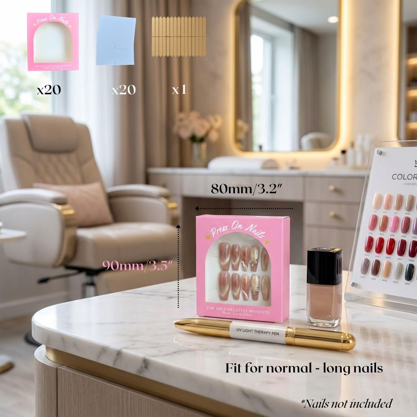 Press On Nails Packaging Boxes Bulk 20 Pack for Nail Tech & Small Business Vendor with 20 Instructions & Signature Cards 30 Adhensive Double Sided Tape 3.5"x3.2" PVC Window