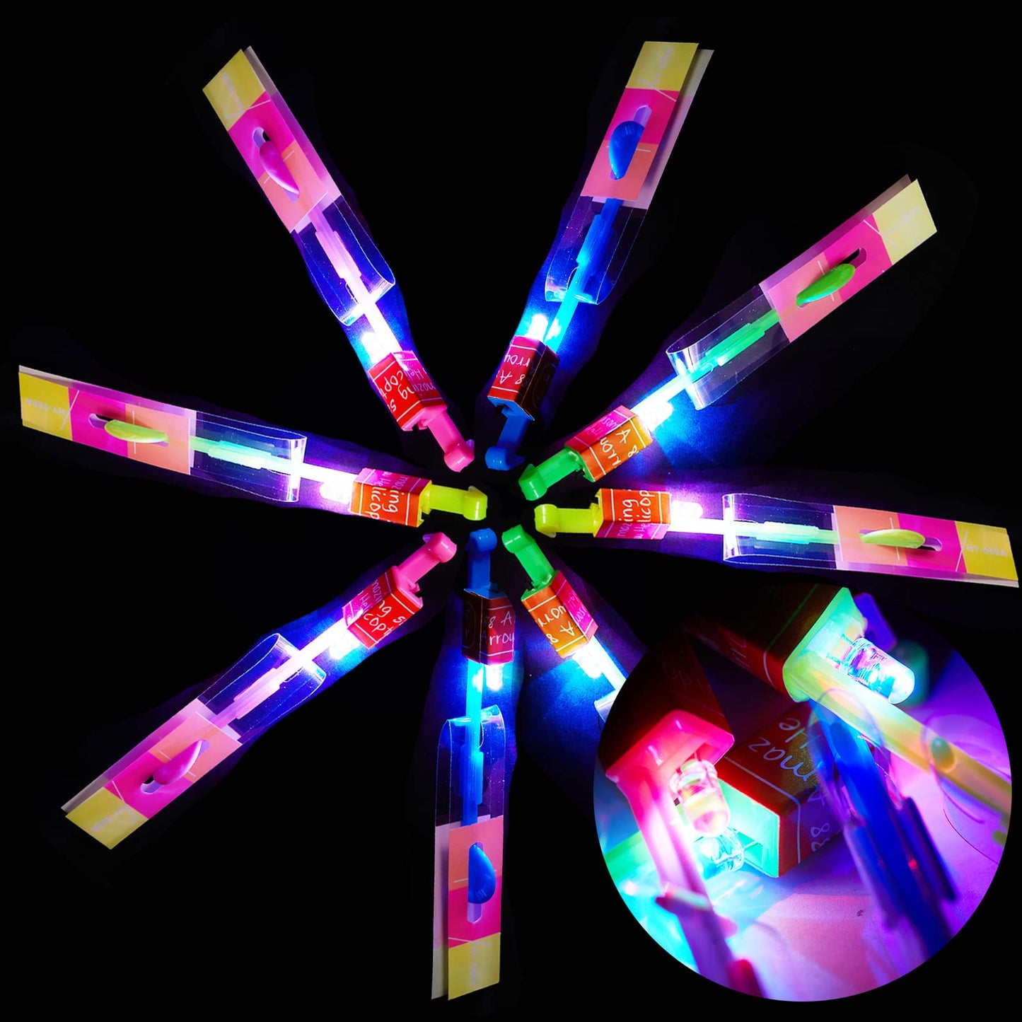 WELLVO 30 Pack Rocket Helicopter with LED Lights 30 Launchers + 30 Glow Rocket Helicopters Glow in The Dark Party Supplies Flying Outdoor Toys Party Favors for Kids 8-12,4-8