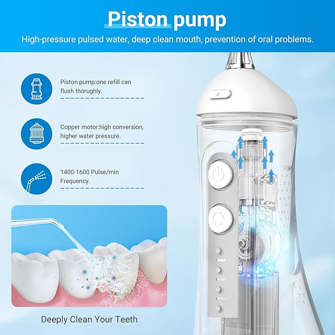 Portable Water Flosser for Teeth - 4 Modes Cordless Oral Irrigator with 300ML Tank, 360° Rotating Nozzle, 4 Jet Tips, Rechargeable, IPX7 Waterproof, Low Noise Gravity Ball Design (M159 - White)