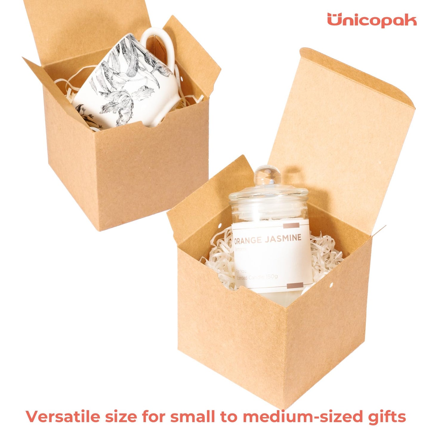 UnicoPak 30 Pack 4x4x4 Small Brown Gift Boxes with Lids & Twine - Premium USA Kraft Cardboard - Pop-Up Easy Assembly Gift Boxes for Presents, Candles, Mugs, Ornaments, Favors