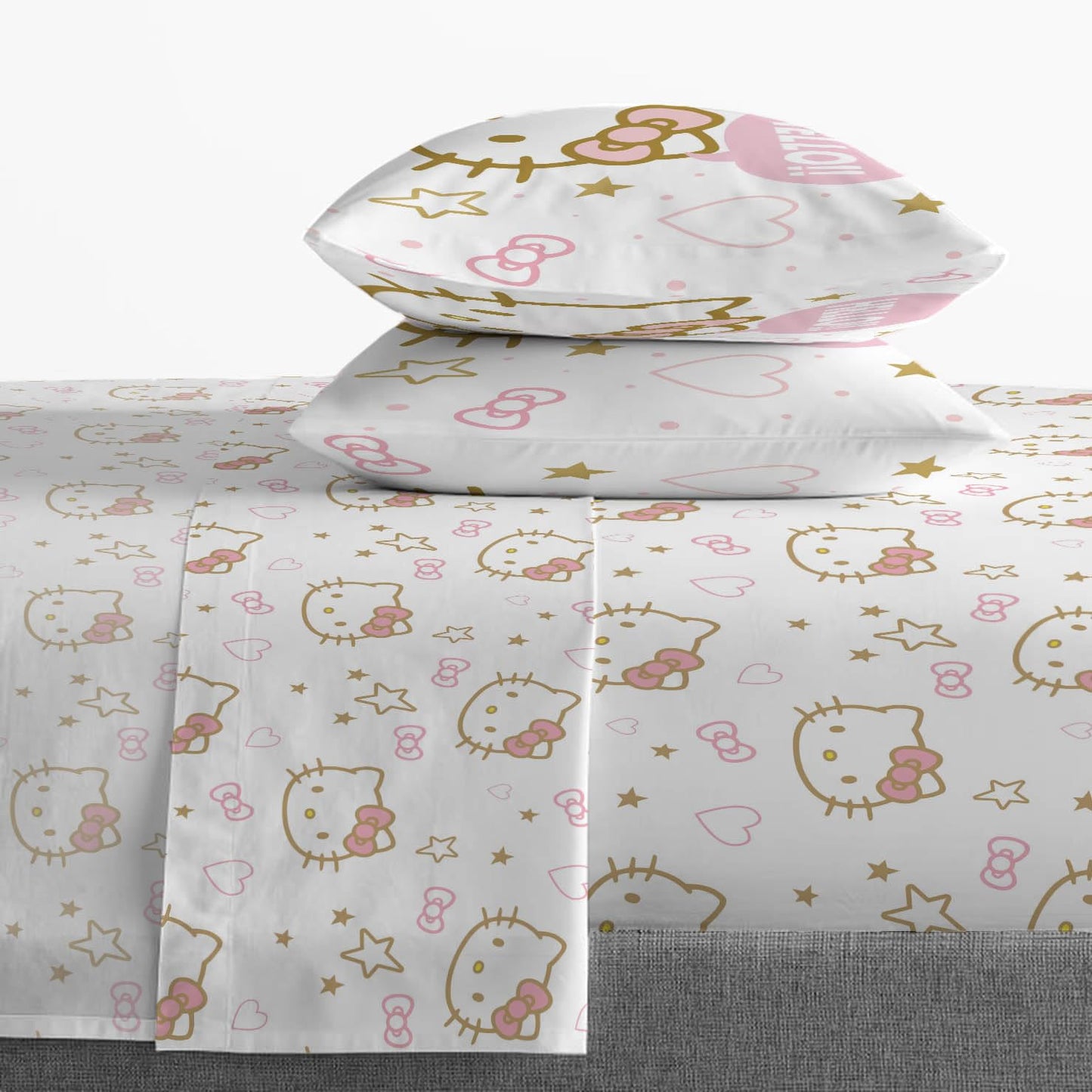 Jay Franco Sheet Set with Fitted, Flat Sheets & Pillow Cover - Ultra-Soft Bedding with Pillowcase for Room Decor, Pink - Hello Kitty, 4 Piece Queen