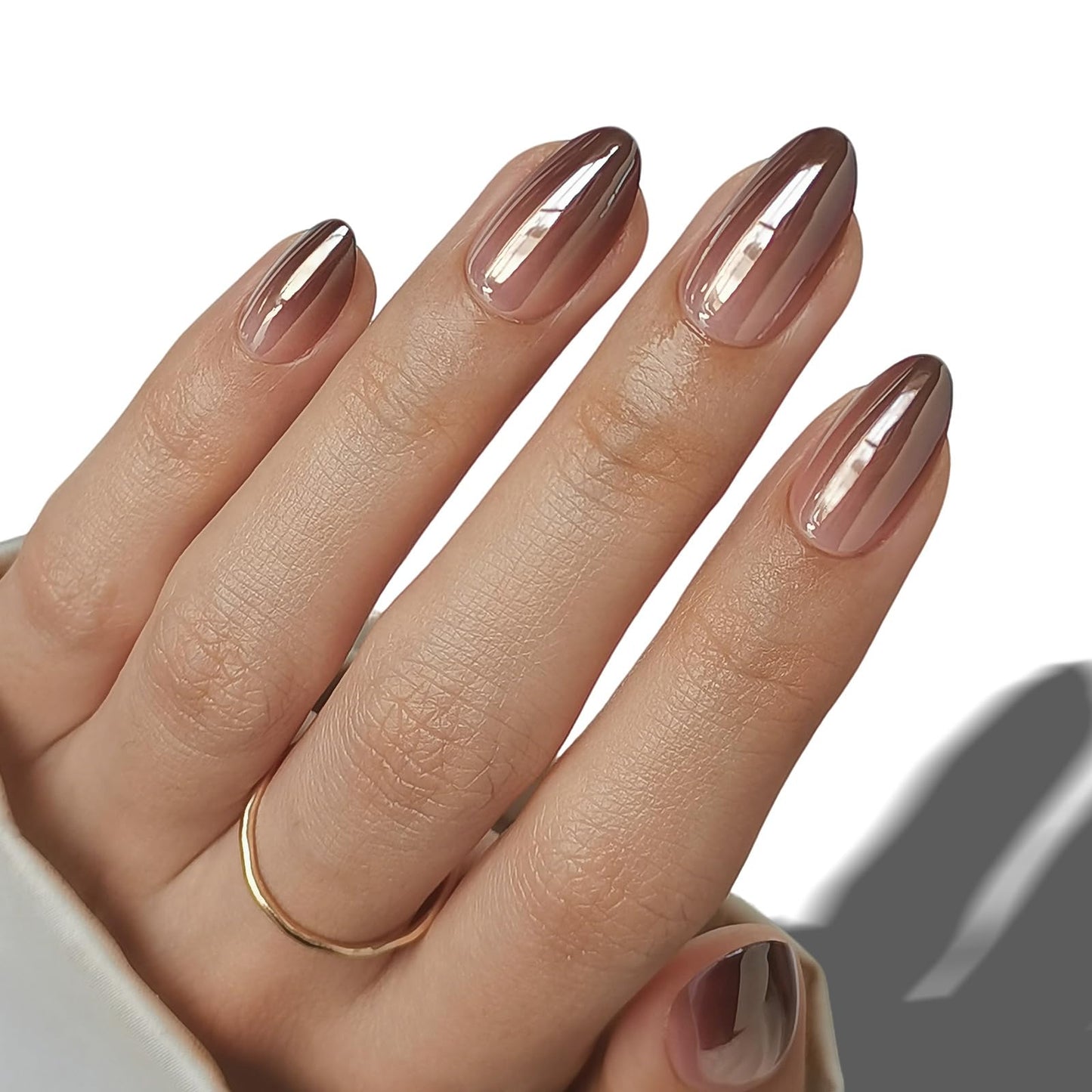 Brown Ombre Press on Nails Short - SHANGMENG Chrome Press on Nails Almond for Women Gift, Natural & Glossy Stick on Nails in 16 Sizes - 32 Reusable Soft Gel Fake Nails with Glue, Iced Americano