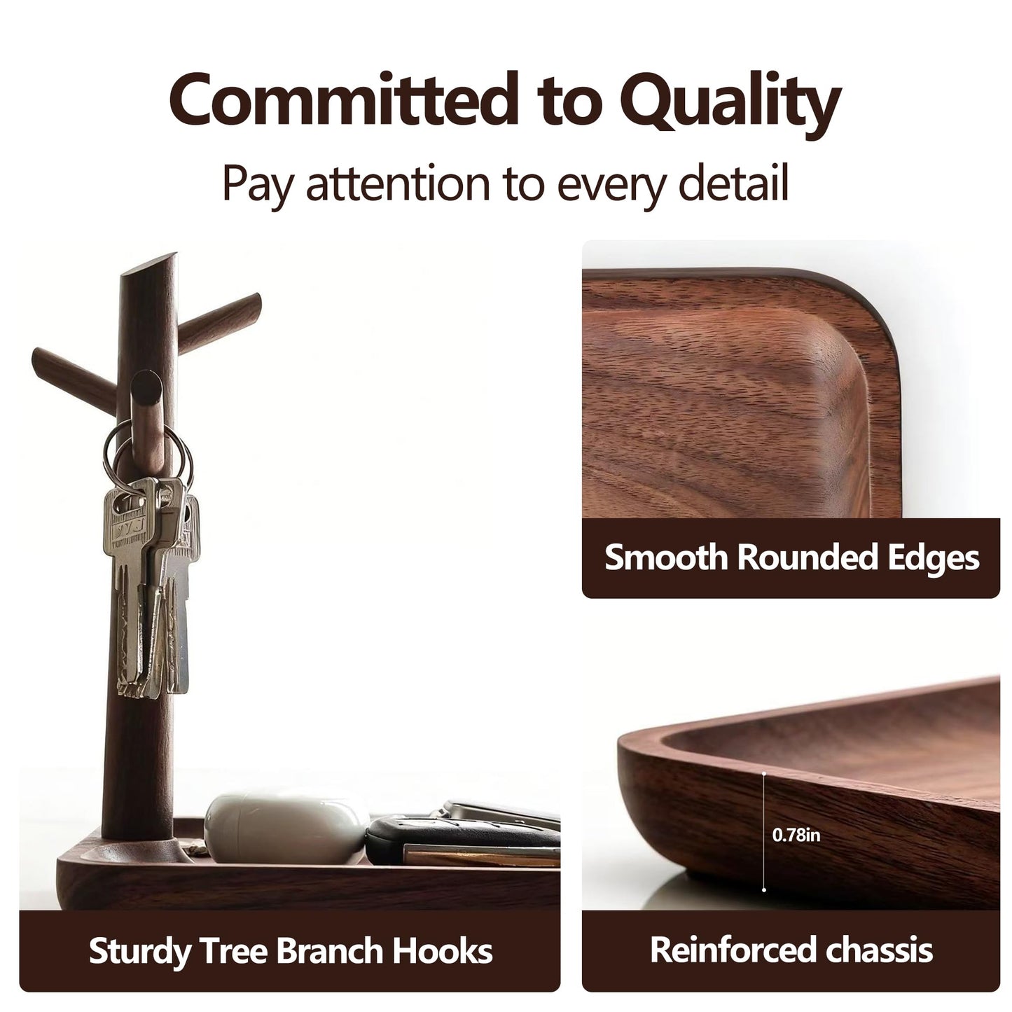 LIGNUMLOQU Solid Black Walnut Wooden Key Tray, Multi-Functional Key Bowl for Entryway Table, Key Holder Stand equipped with 3 Hooks, Wood Dish for Wallet,Watch,Mobile Phone and Jewelry Organizer