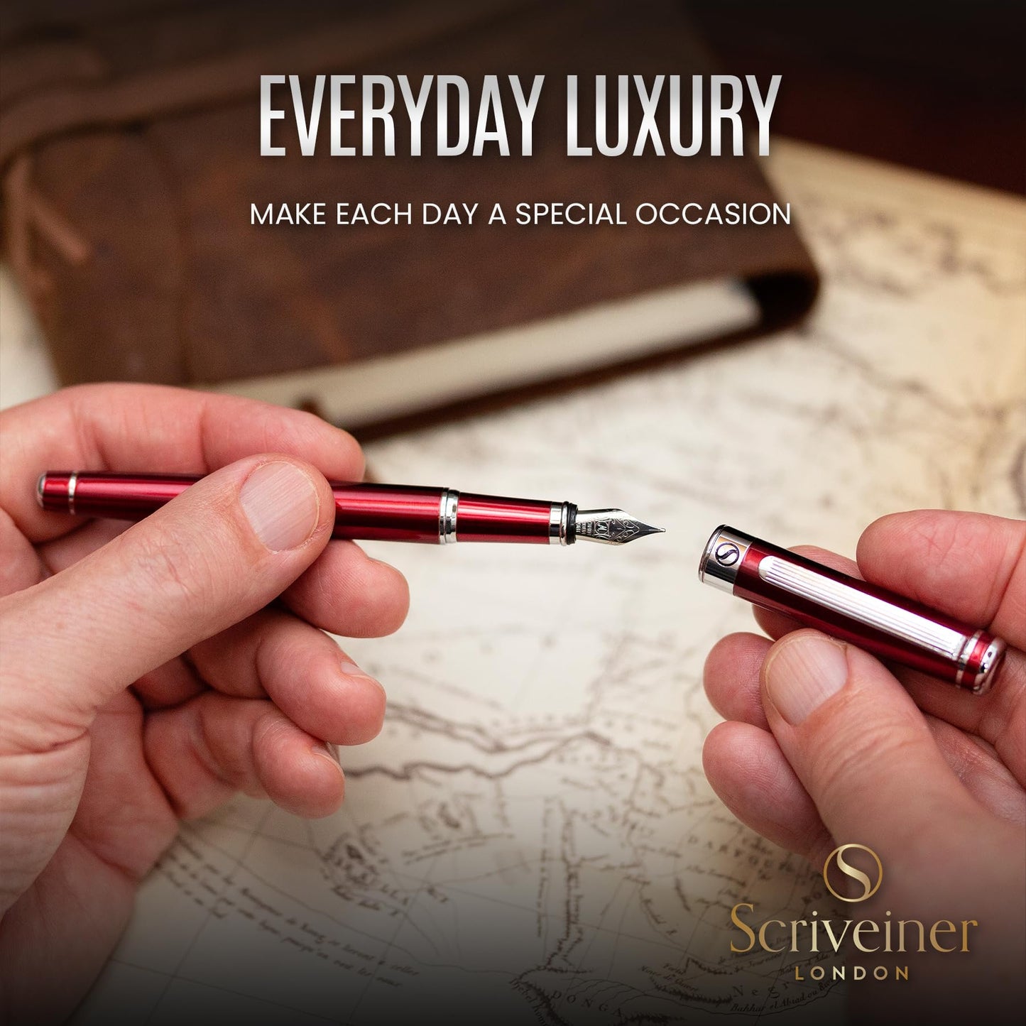 Scriveiner Deep Crimson Red Fountain Pen - Stunning Luxury Pen with Chrome Finish, Schmidt Nib (Medium), Best Pen Gift Set for Men & Women, Professional, Executive, Office, Nice Pens